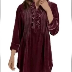Soft Surroundings Women's Burgundy Velvet Ruffle Pintuck Silk Blend Top. Sz L
